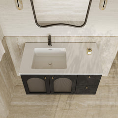 Eden matt black vanity unit with fluted glass doors and stone basin 1000mm