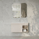 Sicilia 900mm matt warm white vanity unit with integrated ceramic basin, drawer and open shelf
