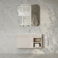 Sicilia 900mm matt warm white vanity unit with integrated ceramic basin, drawer and open shelf