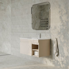 Sicilia 900mm matt warm white vanity unit with integrated ceramic basin, drawer and open shelf