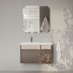 Stanley walnut wall-mounted vanity unit with ceramic basin 800mm, modern minimalist bathroom cabinet with soft-close drawers