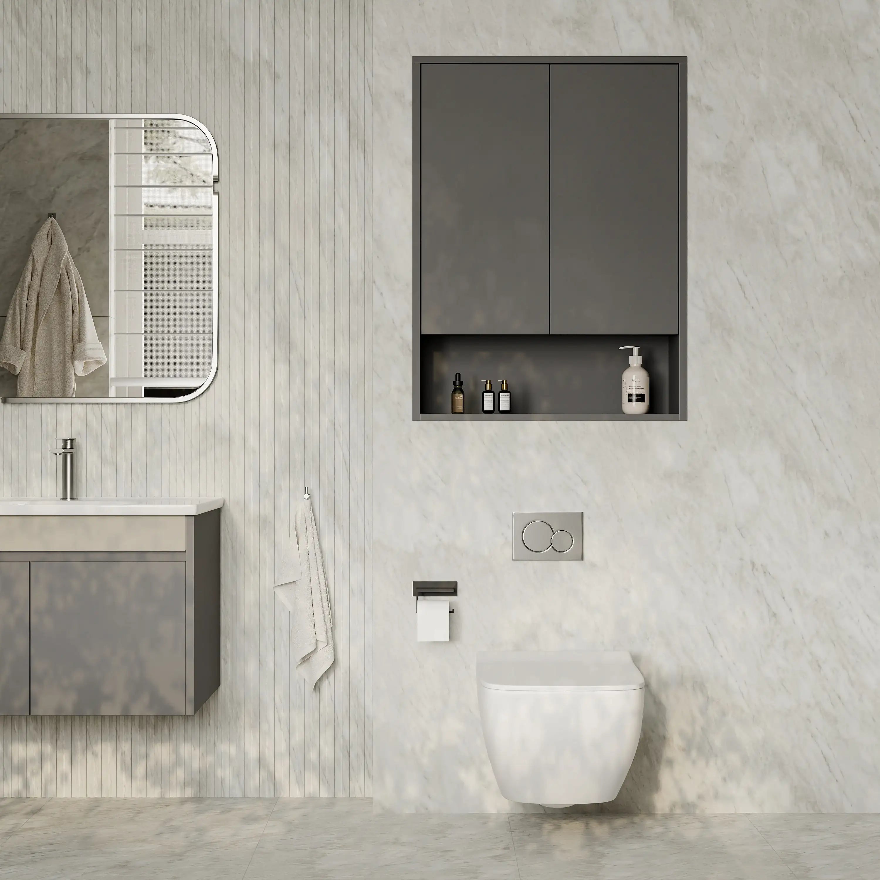 Luna Wall-Mounted Bathroom Storage Cabinet with Open Shelf | Green, Dark Grey or White