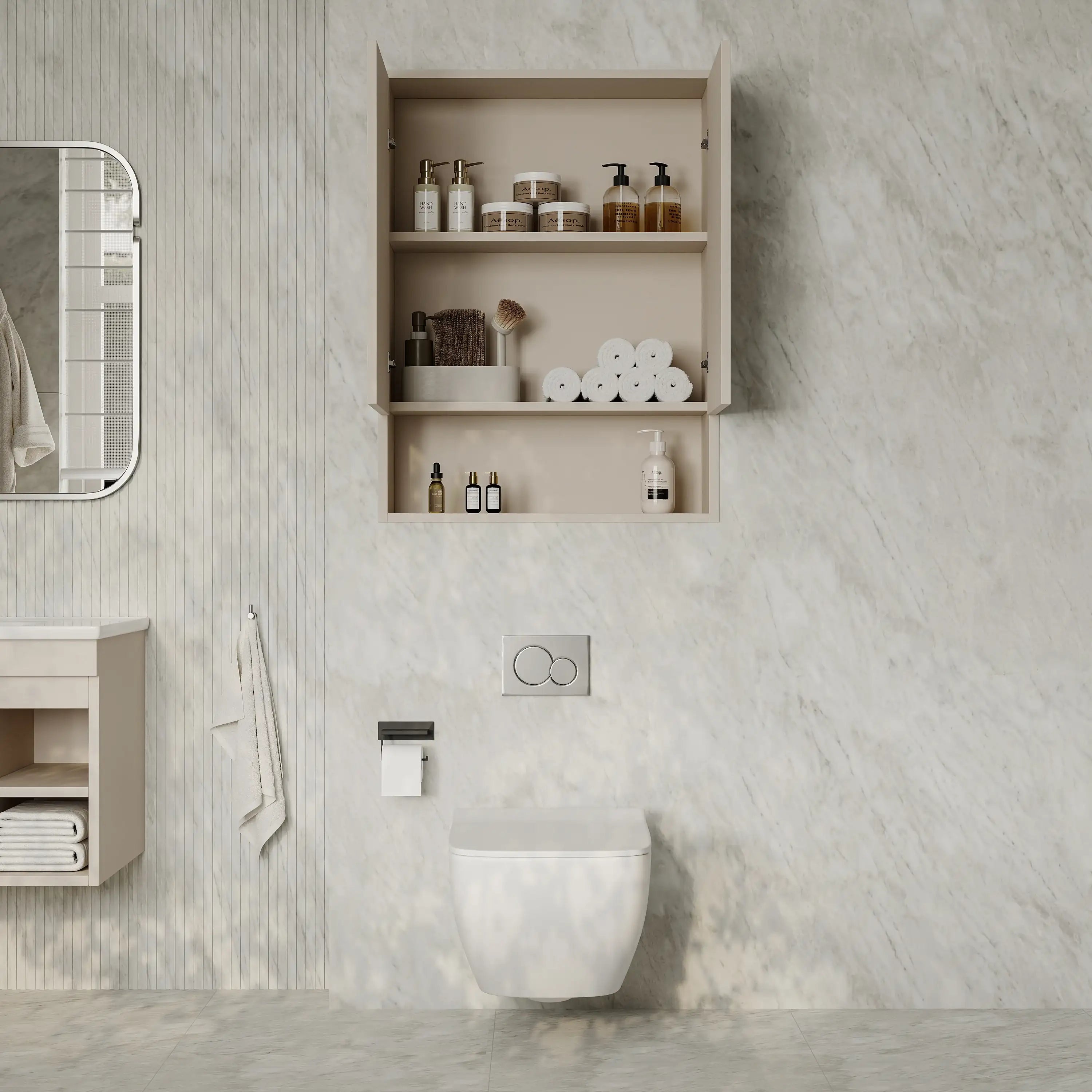 Luna Wall-Mounted Bathroom Storage Cabinet with Open Shelf | Green, Dark Grey or White