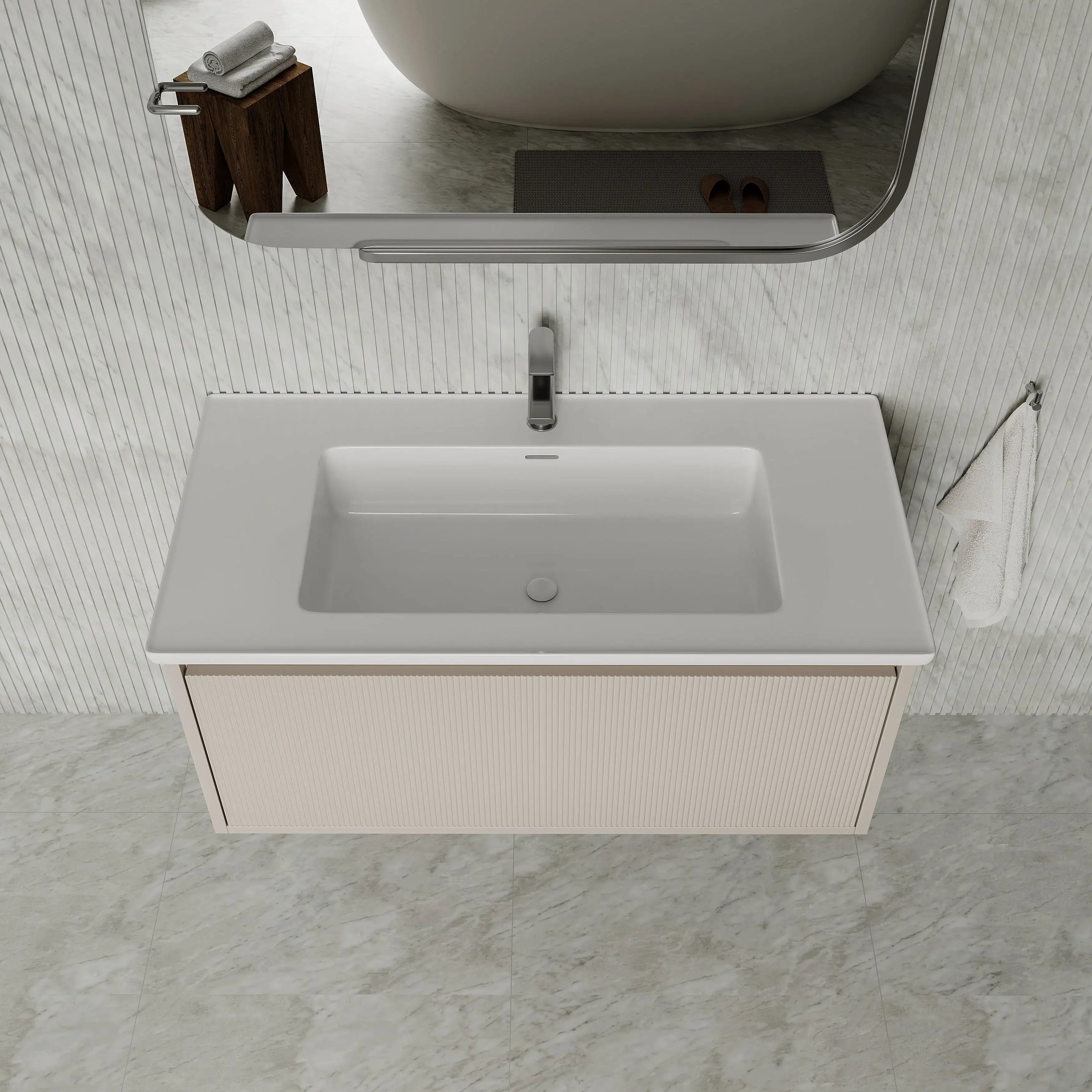 Amelia 1000mm Cream White Wall Hung Vanity Unit with Fluted Front & Ceramic Basin