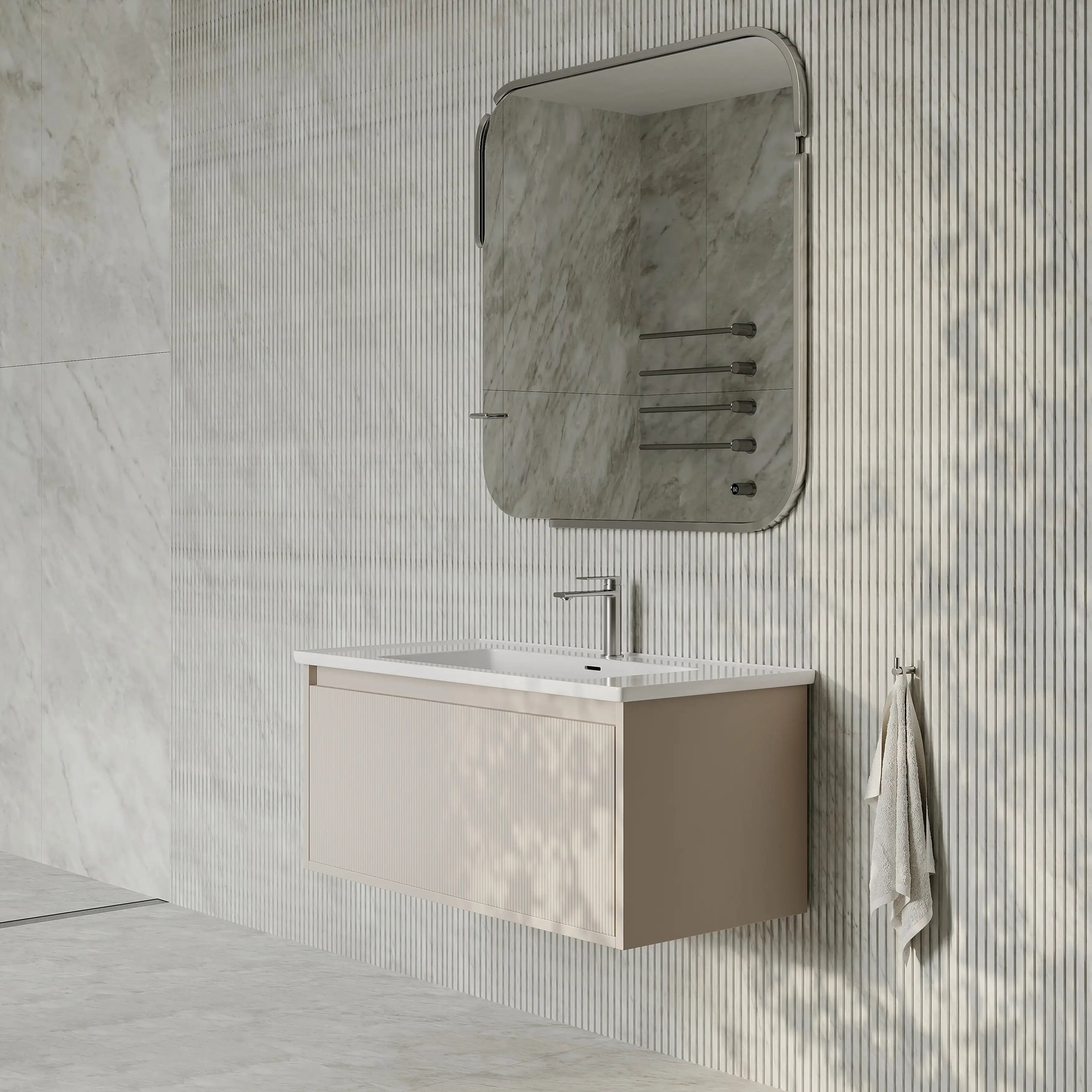 Amelia 1000mm Cream White Wall Hung Vanity Unit with Fluted Front & Ceramic Basin