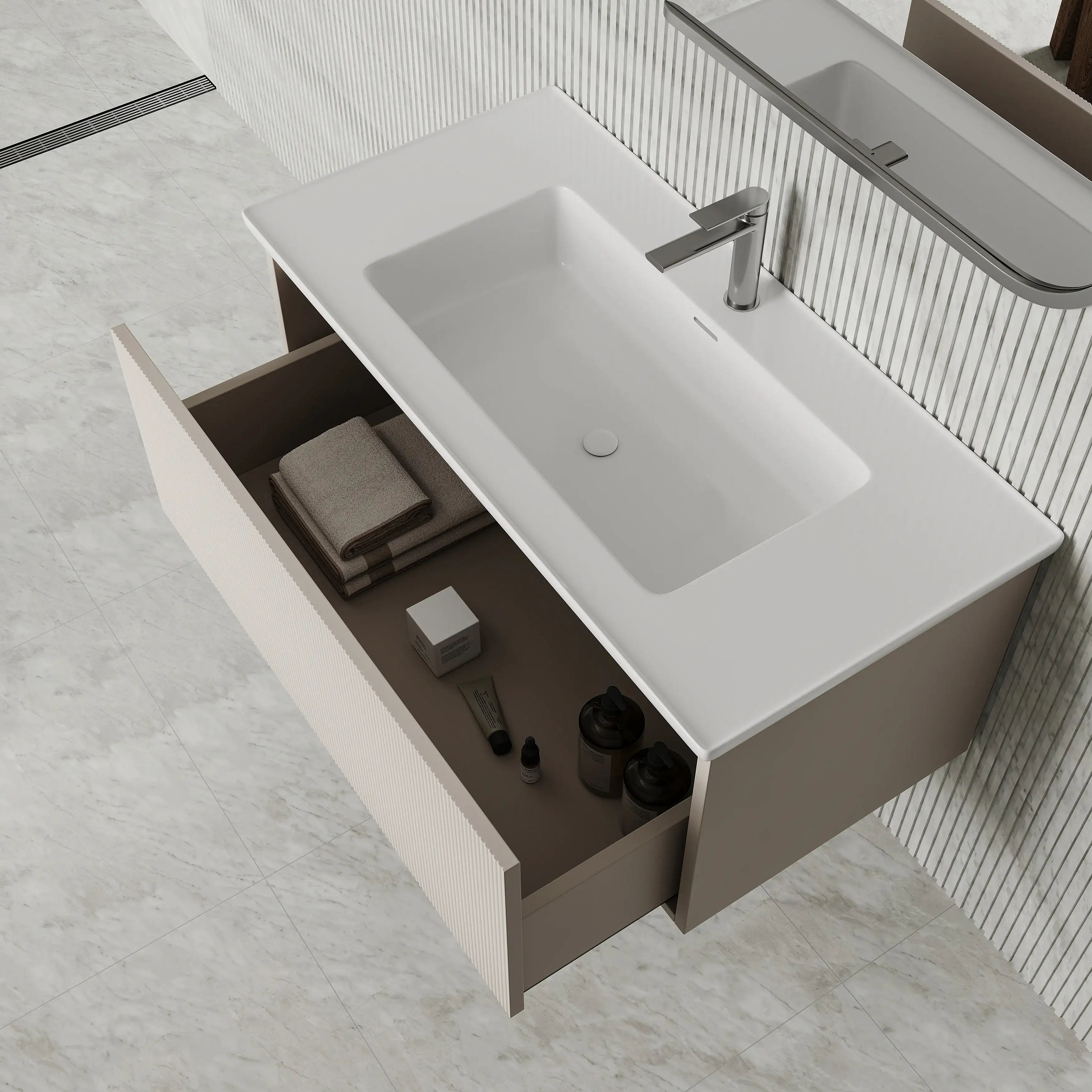 Amelia 1000mm Cream White Wall Hung Vanity Unit with Fluted Front & Ceramic Basin