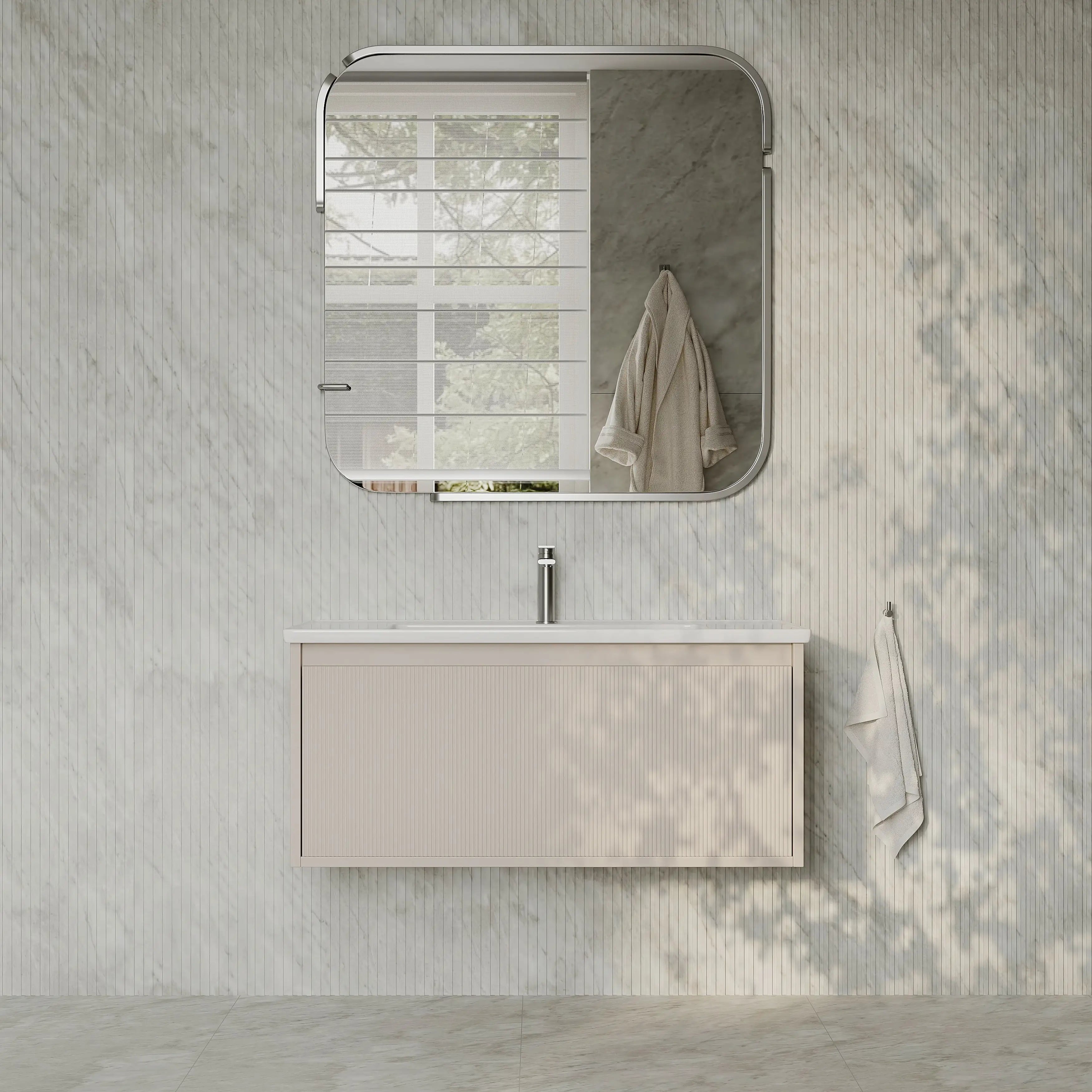 Amelia 1000mm Cream White Wall Hung Vanity Unit with Fluted Front & Ceramic Basin