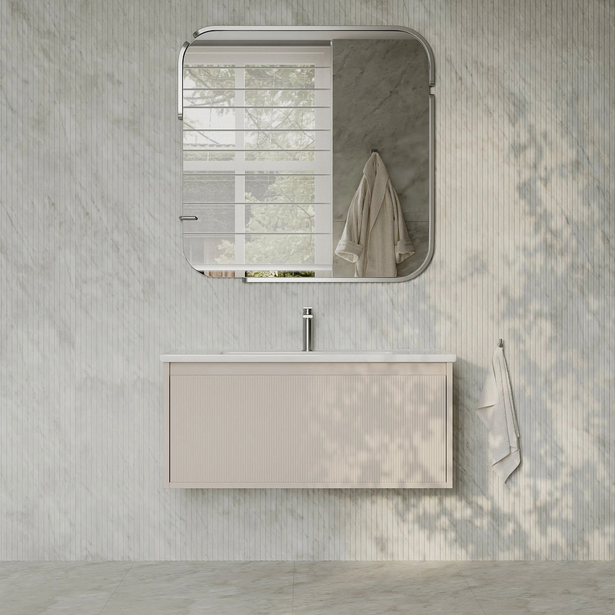 Amelia 1000mm Cream White Wall Hung Vanity Unit with Fluted Front & Ceramic Basin