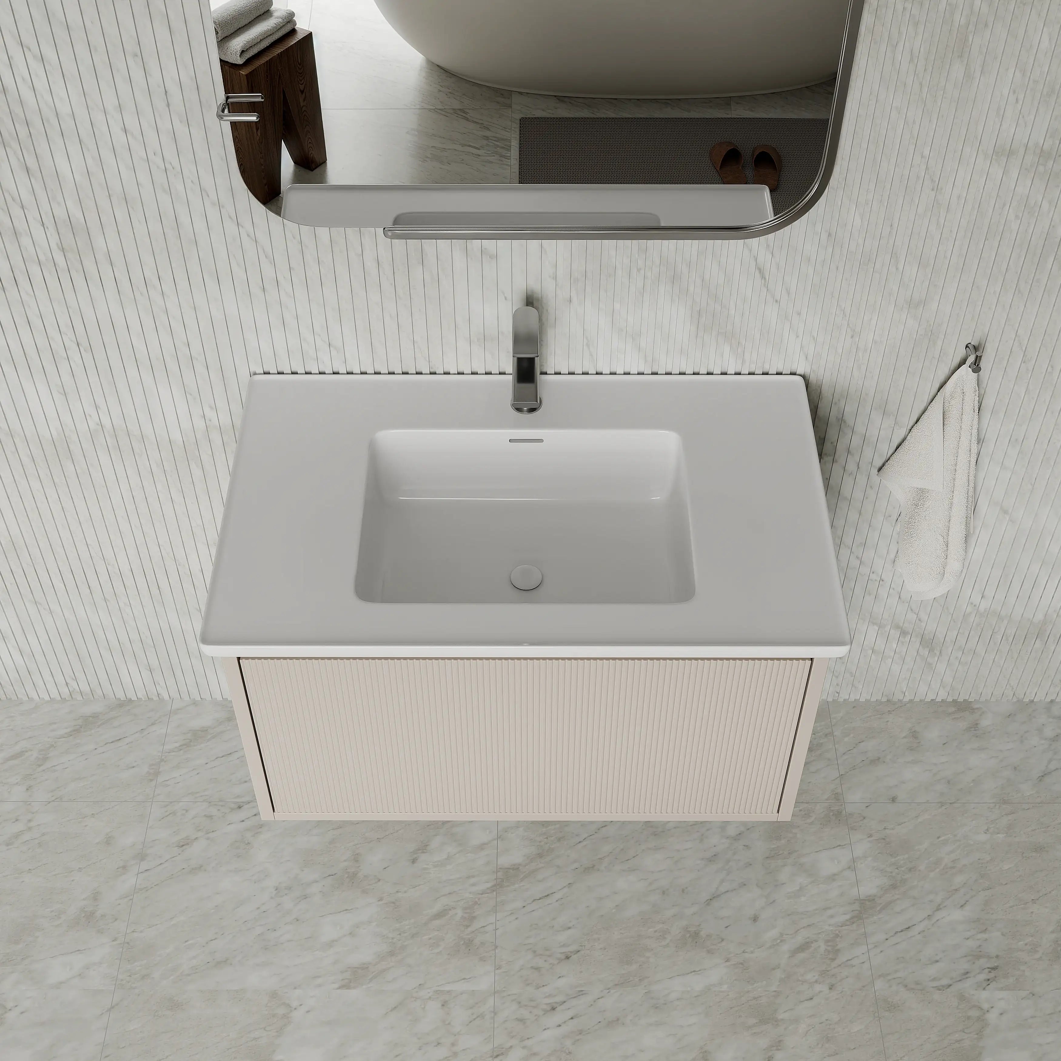 Amelia 800mm Cream White Wall Hung Vanity Unit with Fluted Front & Ceramic Basin