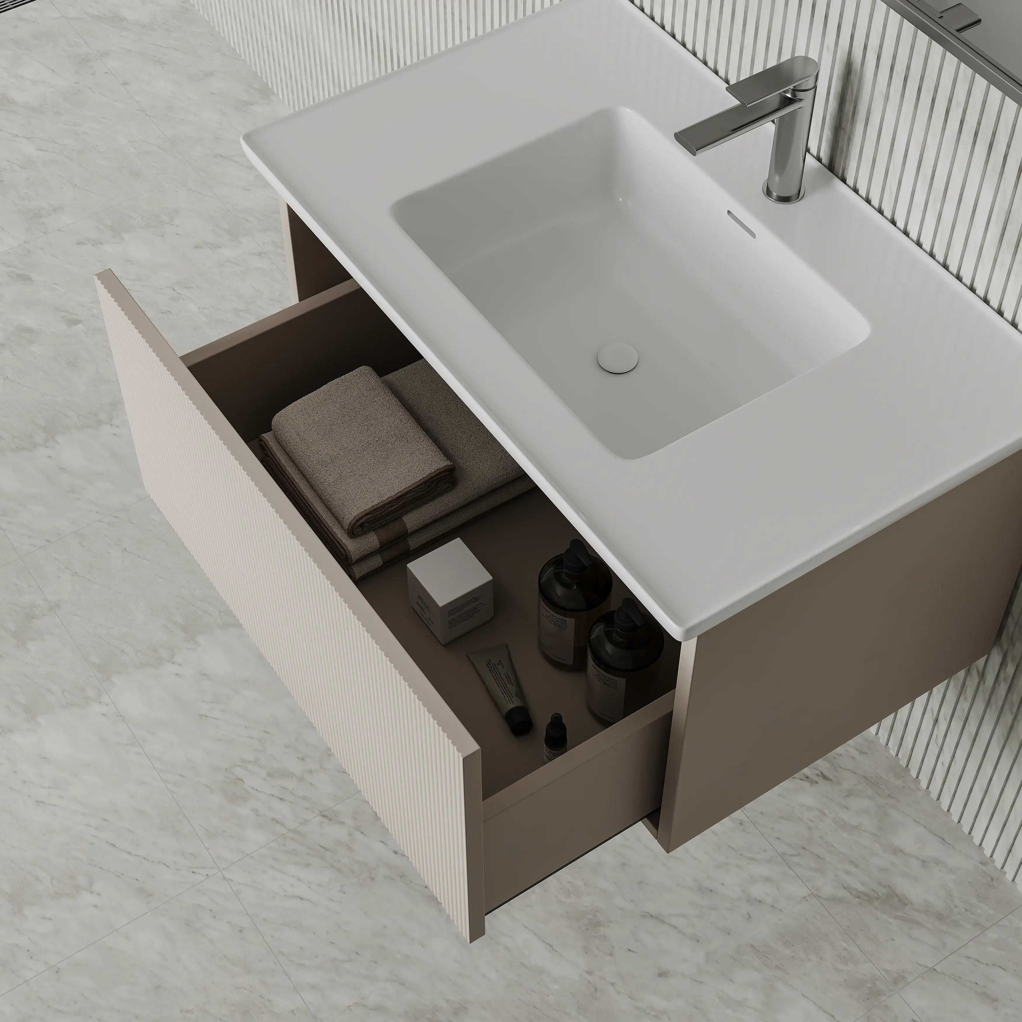 Amelia 800mm Cream White Wall Hung Vanity Unit with Fluted Front & Ceramic Basin