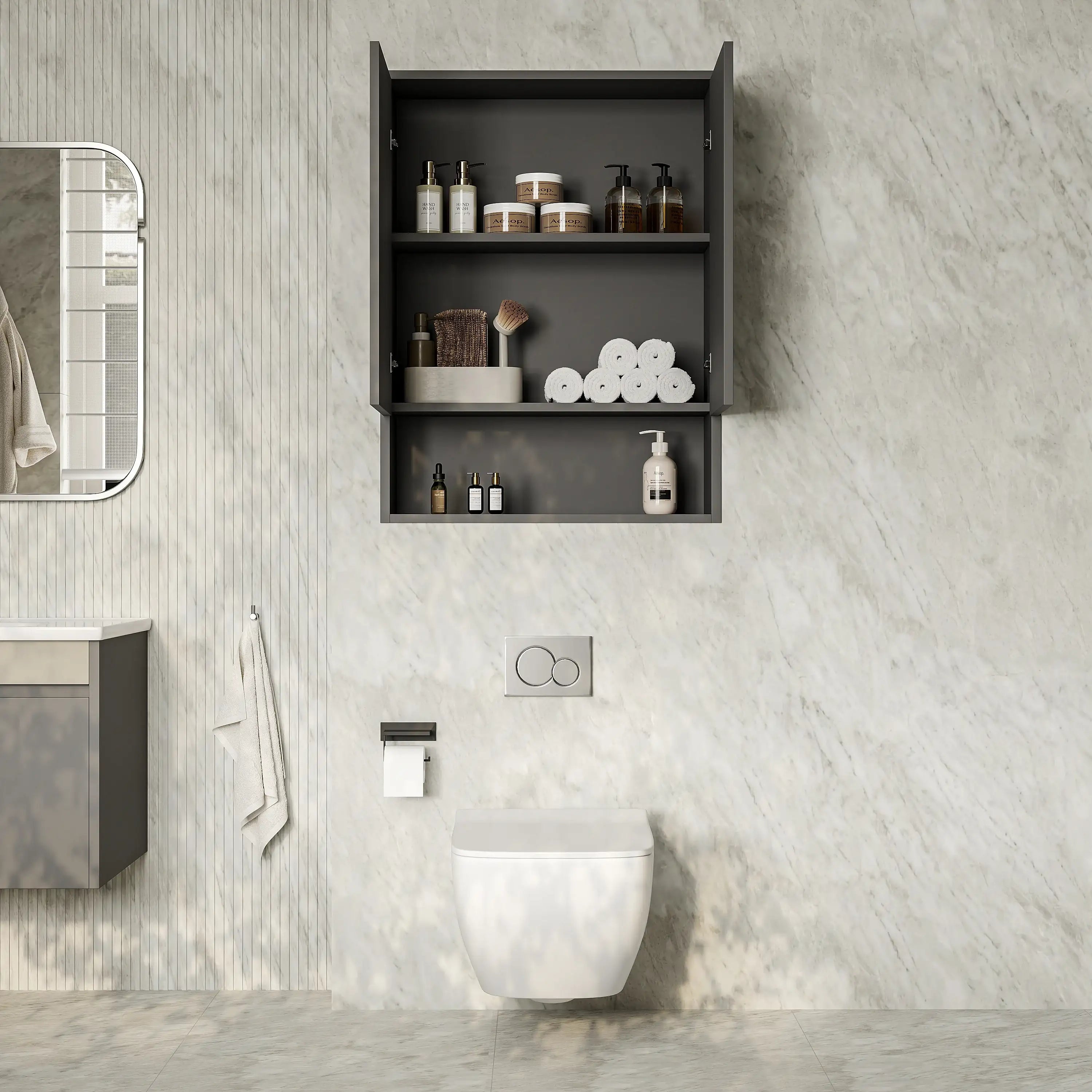 Luna Wall-Mounted Bathroom Storage Cabinet with Open Shelf | Green, Dark Grey or White