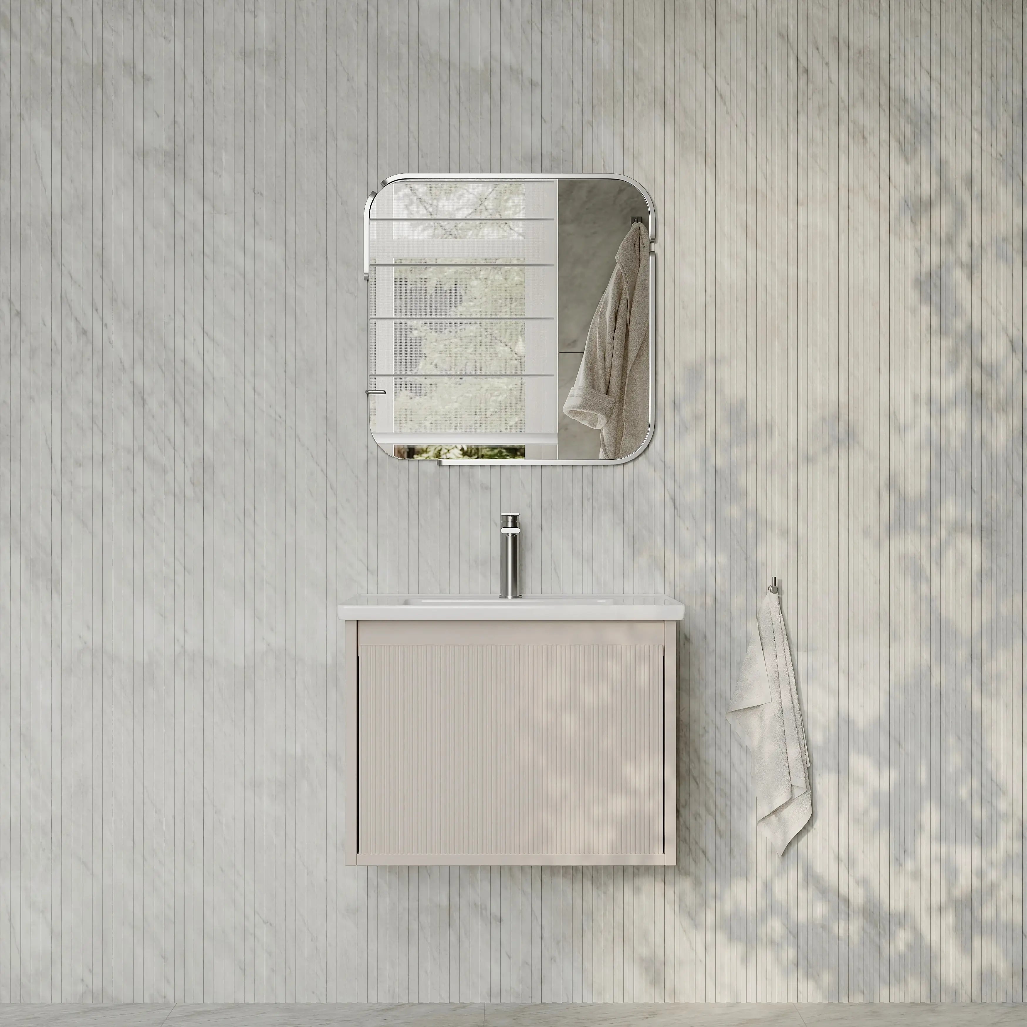 Amelia 600mm Cream White Wall Hung Vanity Unit with Fluted Front & Ceramic Basin