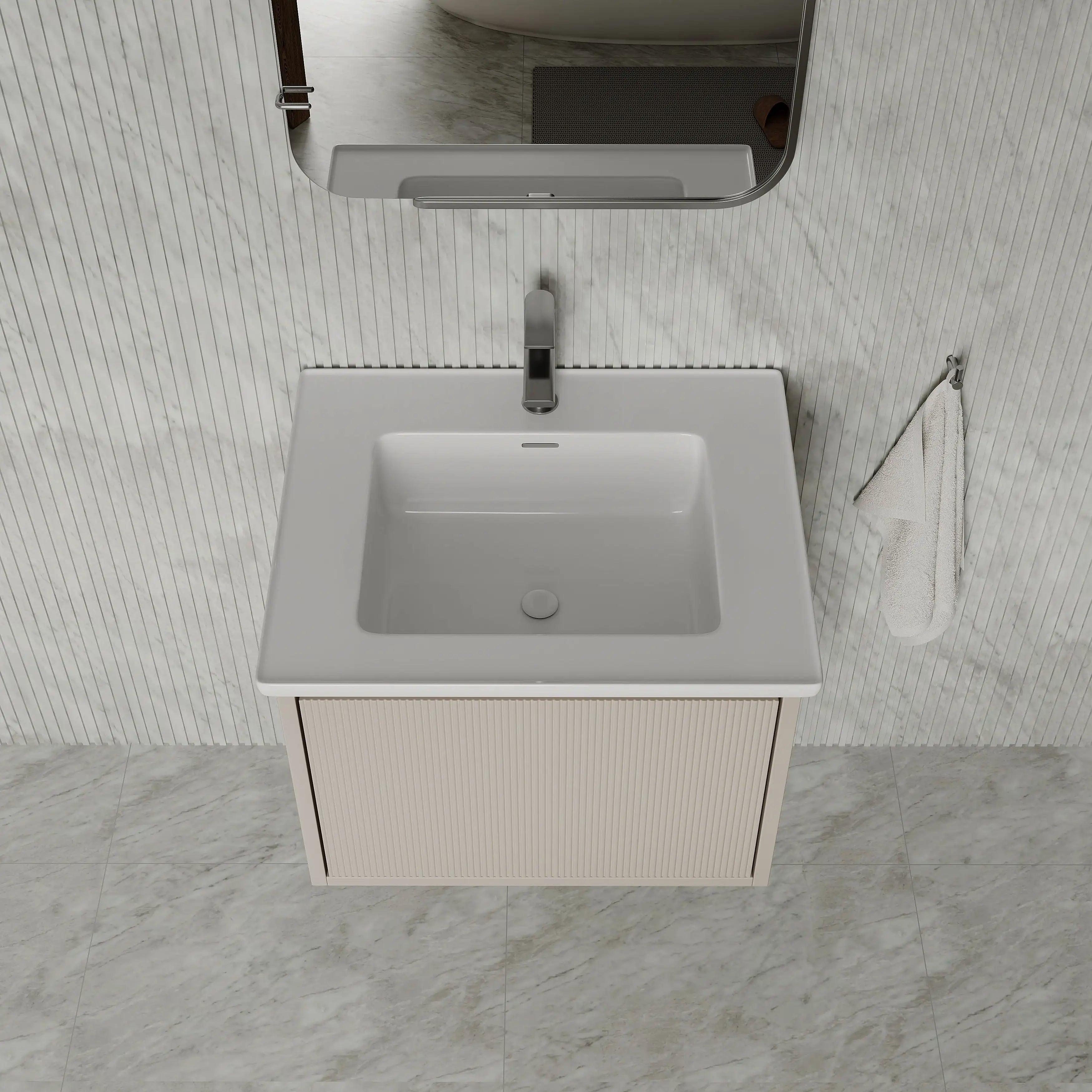 Amelia 600mm Cream White Wall Hung Vanity Unit with Fluted Front & Ceramic Basin