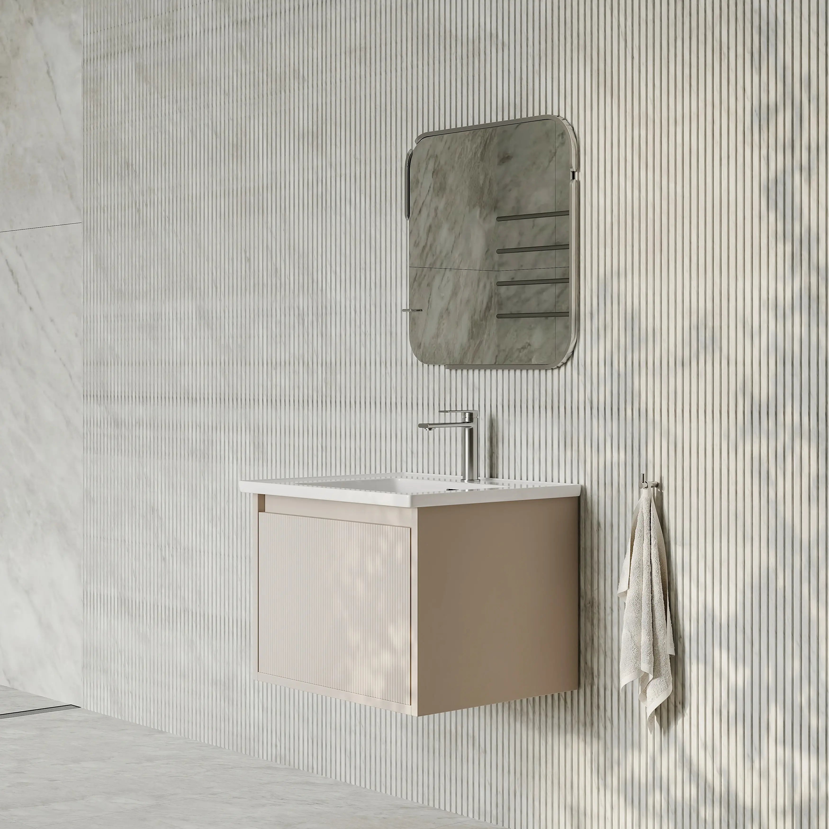 Amelia 600mm Cream White Wall Hung Vanity Unit with Fluted Front & Ceramic Basin