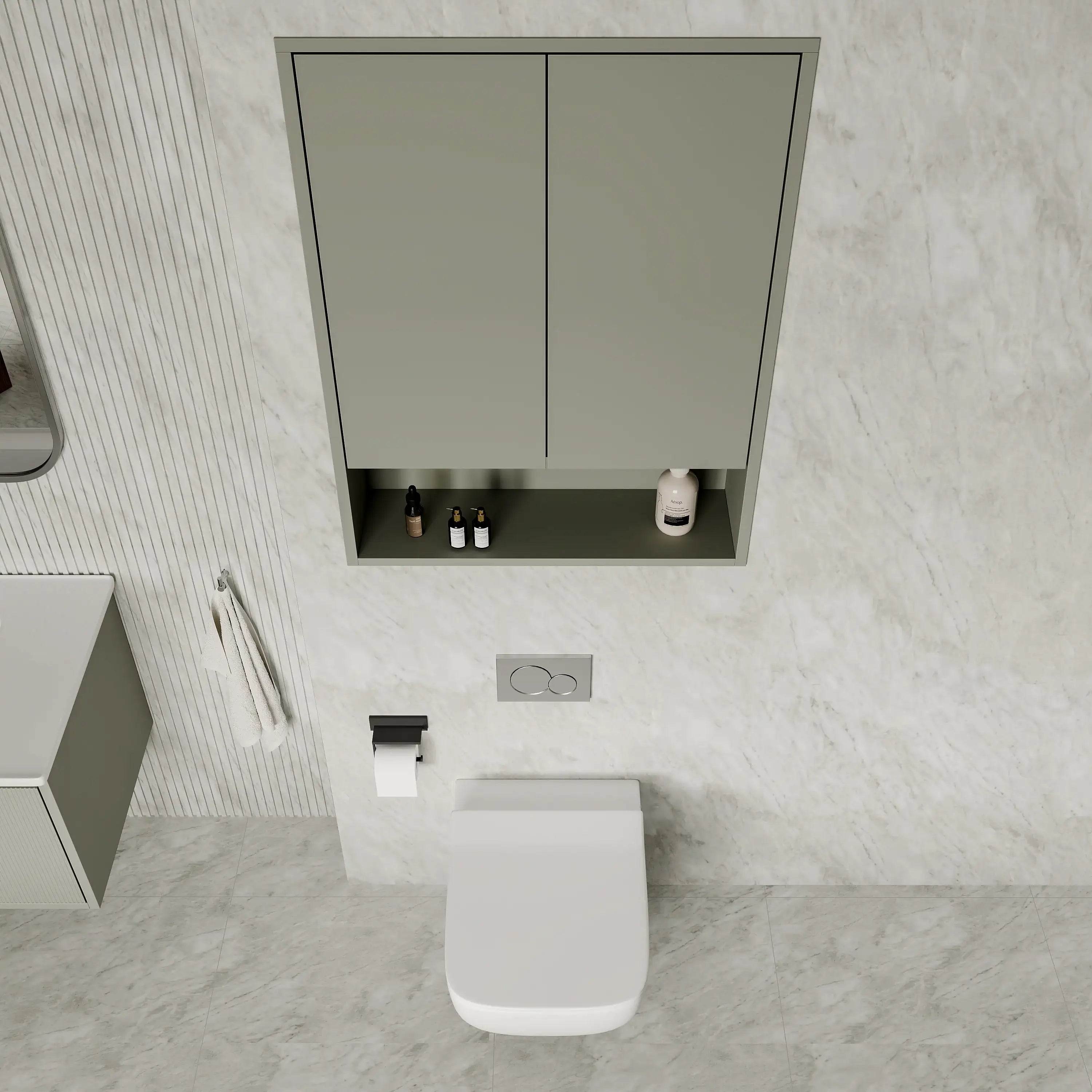 Luna Wall-Mounted Bathroom Storage Cabinet with Open Shelf | Green, Dark Grey or White