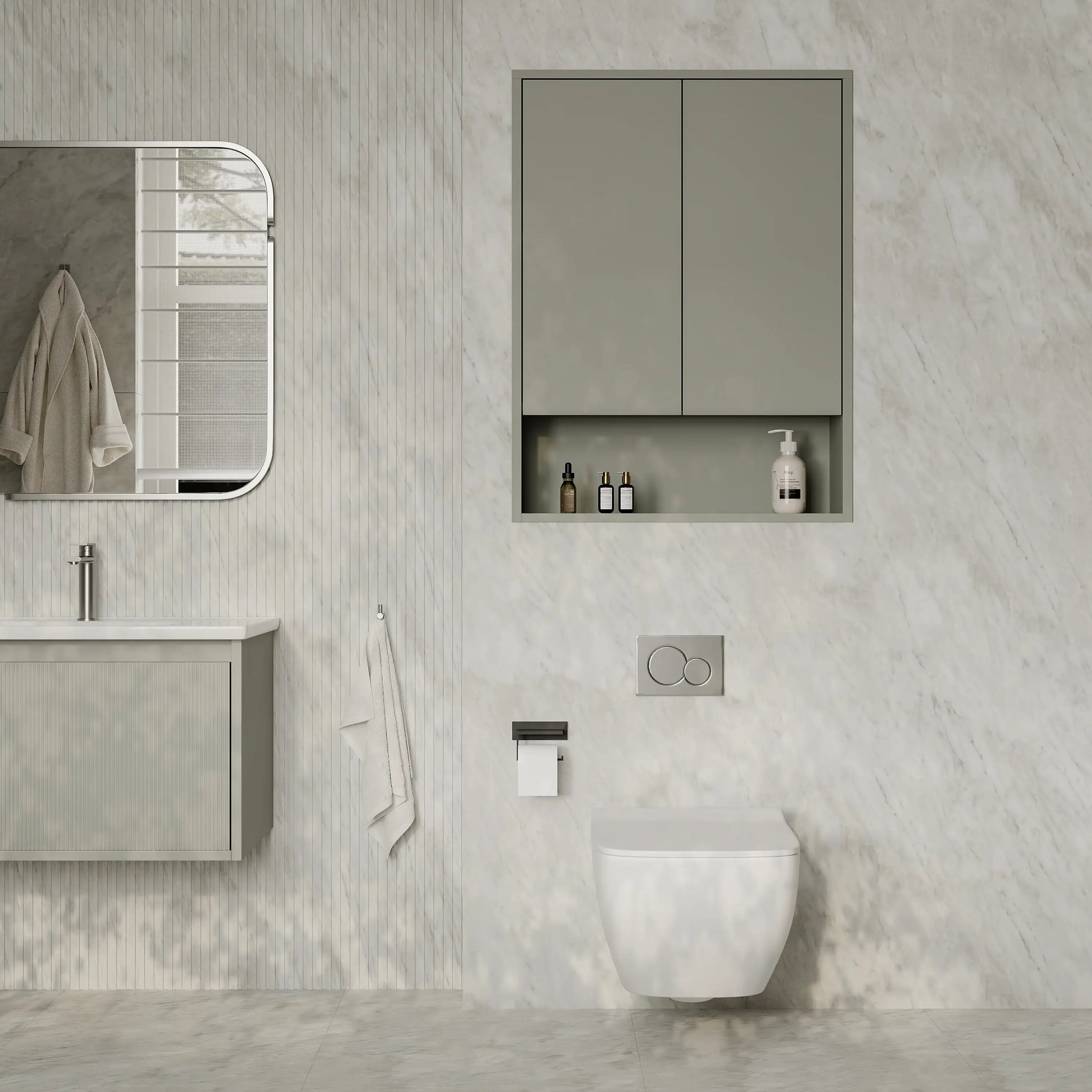 Luna Wall-Mounted Bathroom Storage Cabinet with Open Shelf | Green, Dark Grey or White