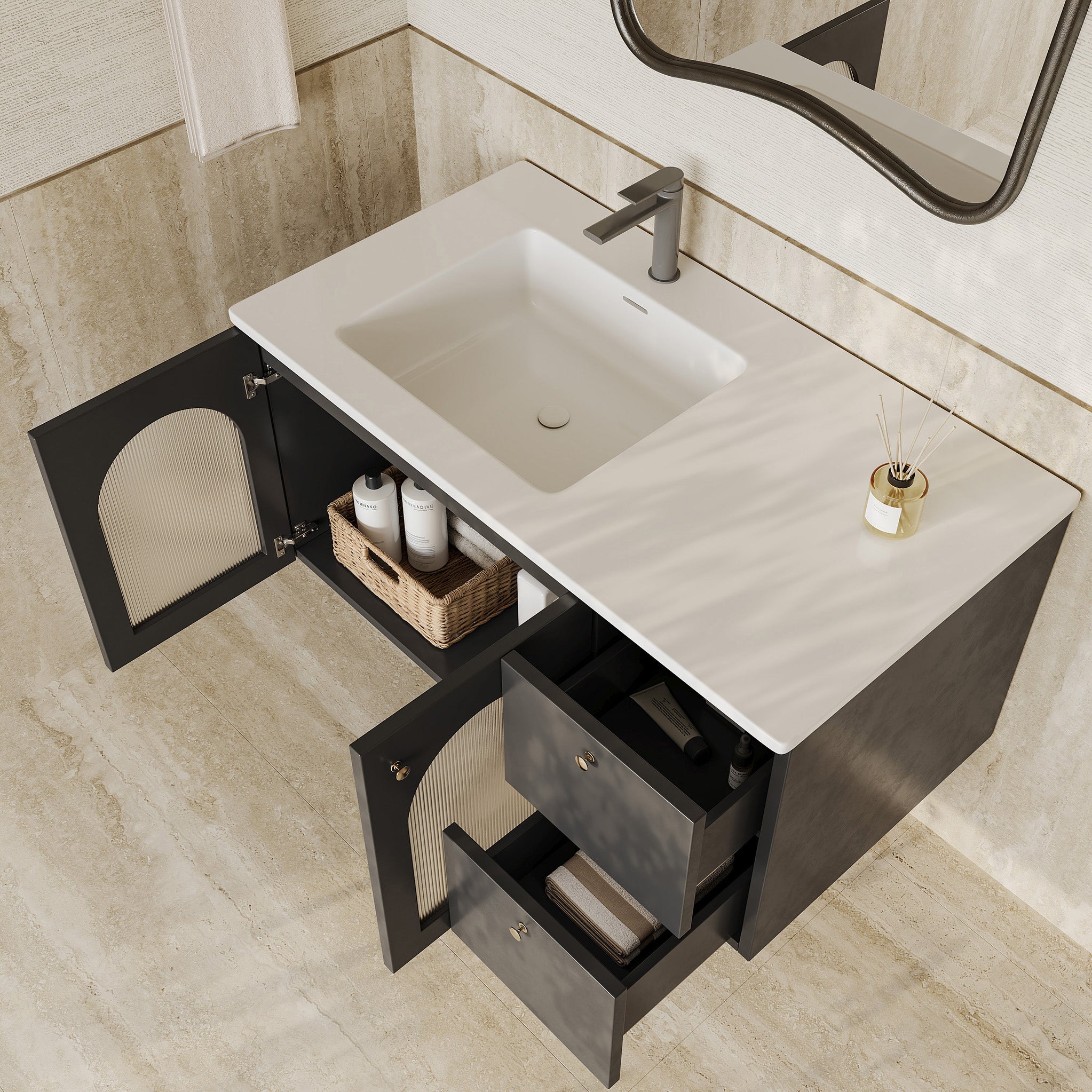 Eden matt black vanity unit with fluted glass doors and stone basin 1000mm