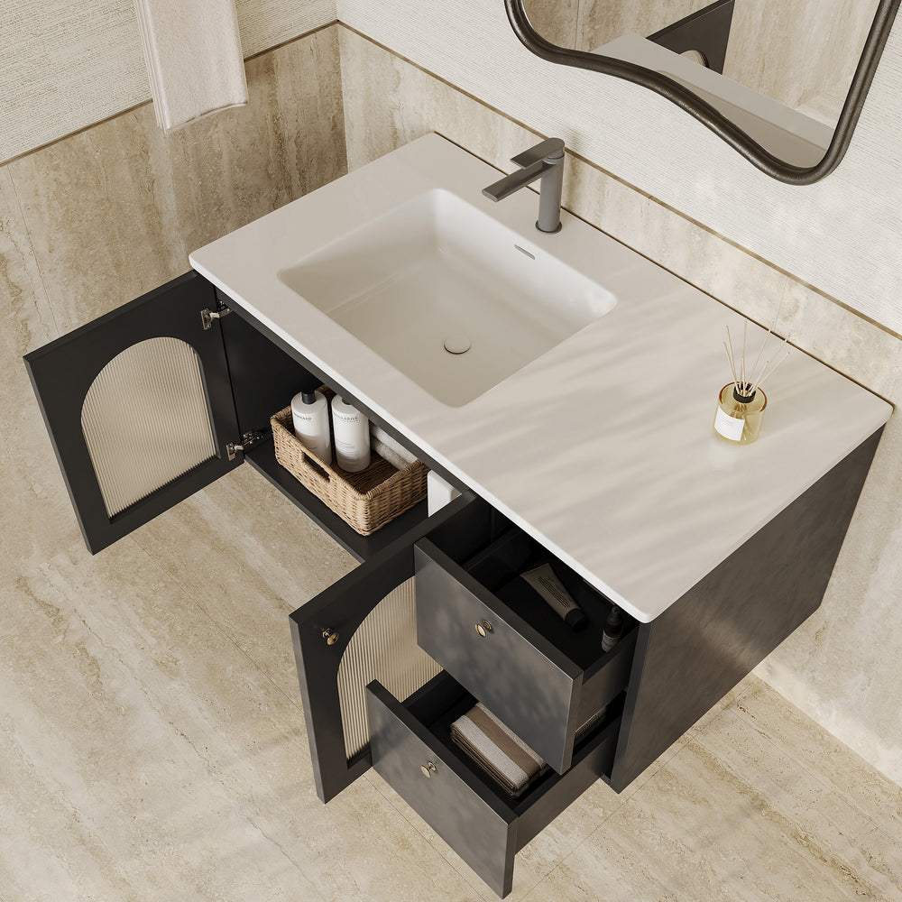 Eden matt black vanity unit with fluted glass doors and stone basin 1000mm