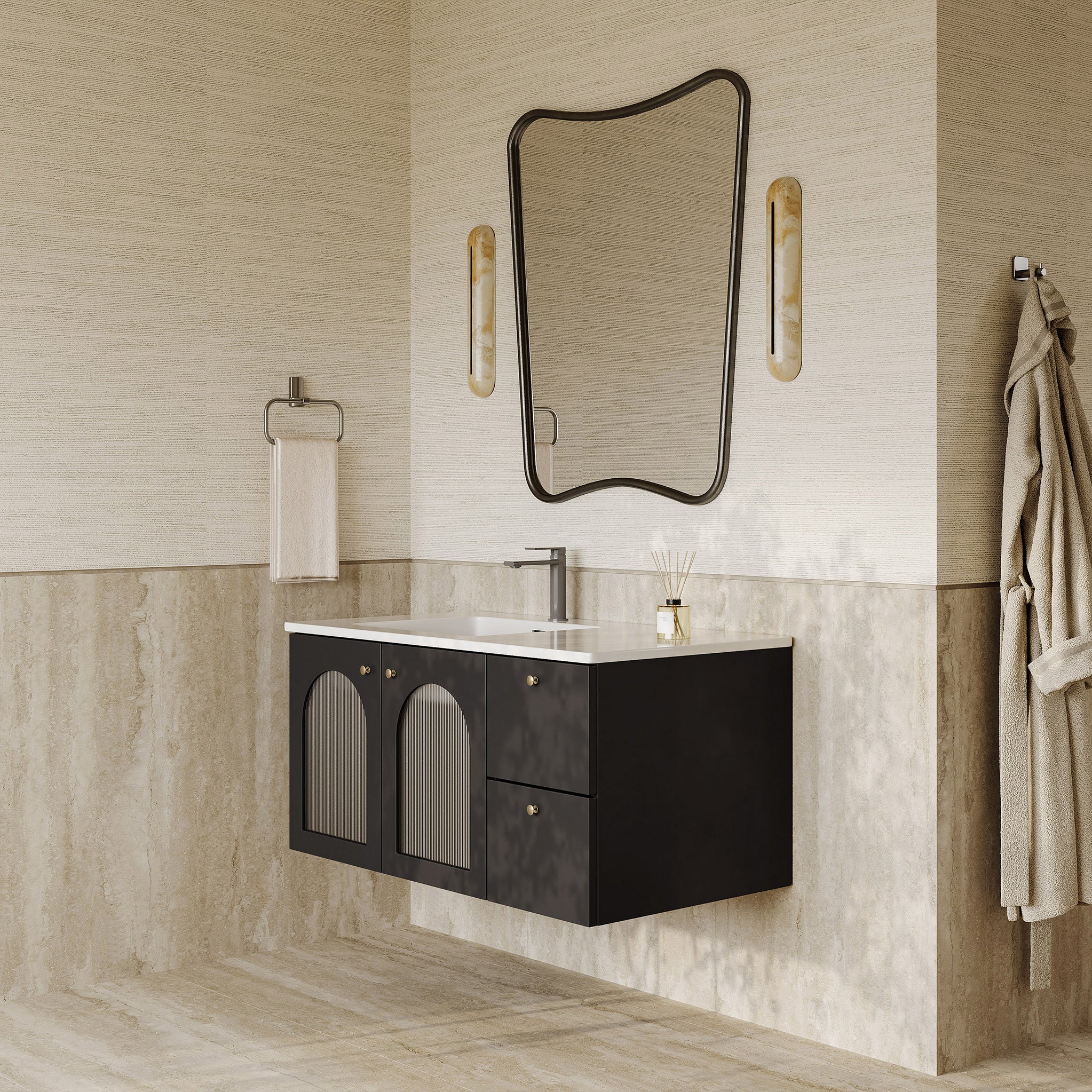 Eden matt black vanity unit with fluted glass doors and stone basin 1000mm
