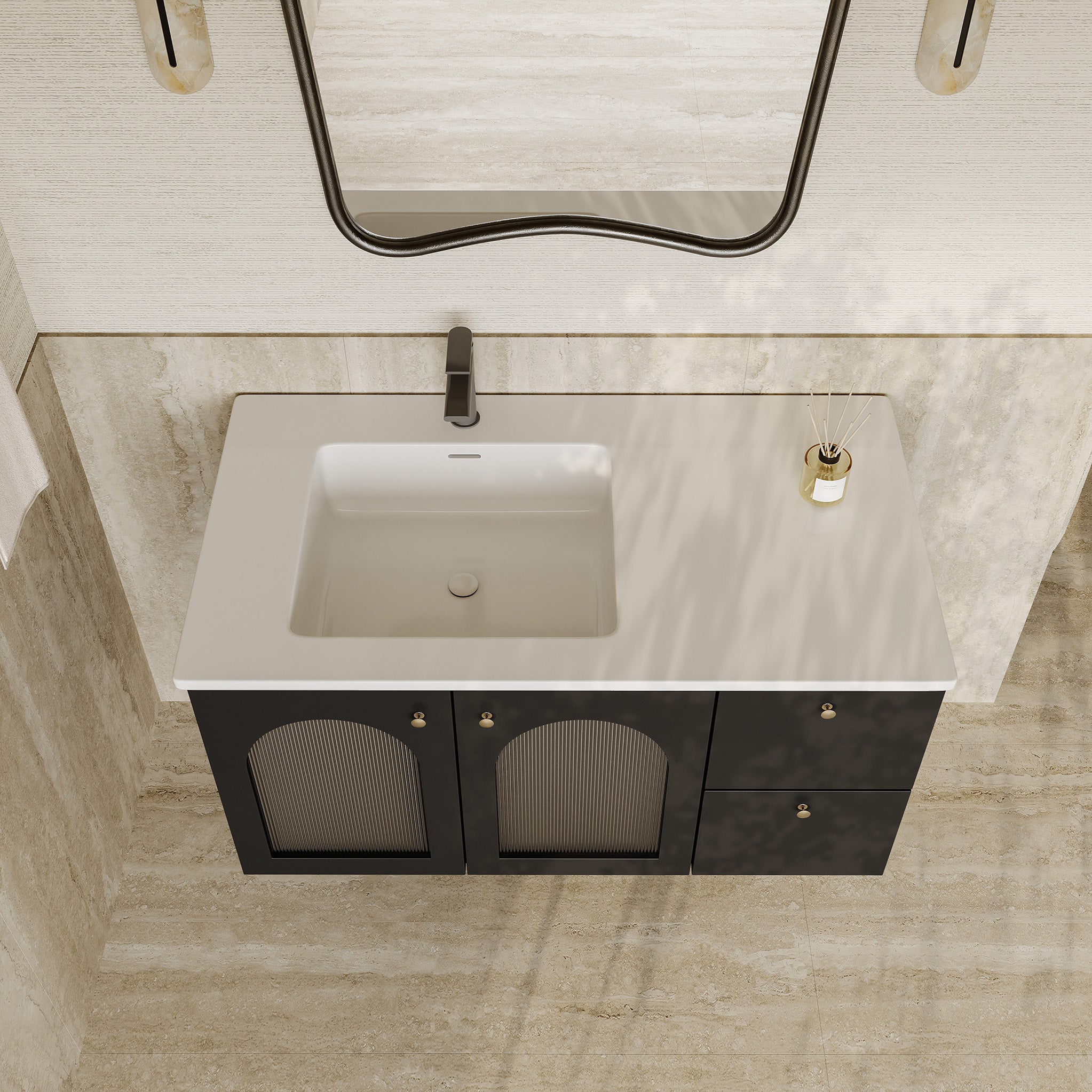 Eden matt black vanity unit with fluted glass doors and stone basin 1000mm