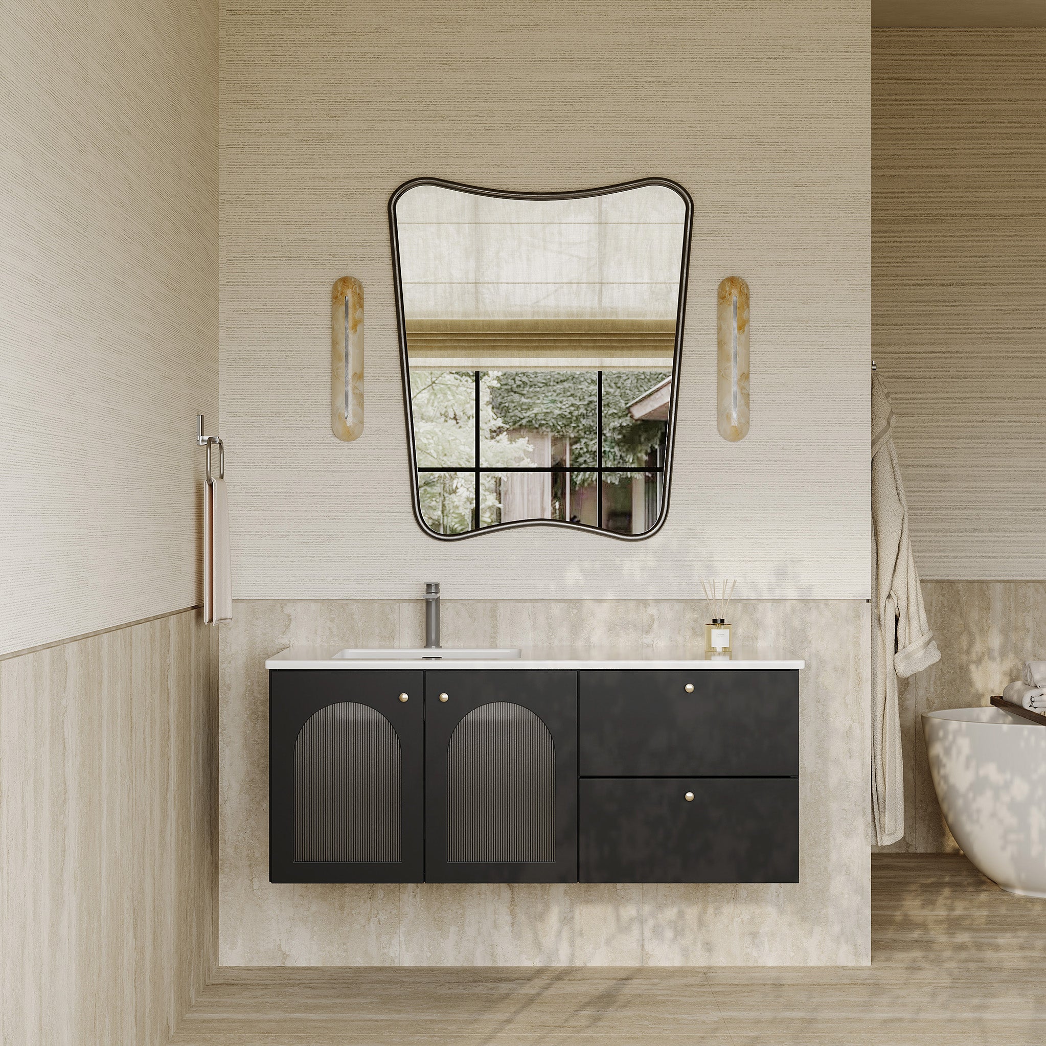 Eden matt black vanity unit with fluted glass doors and stone basin 1200mm