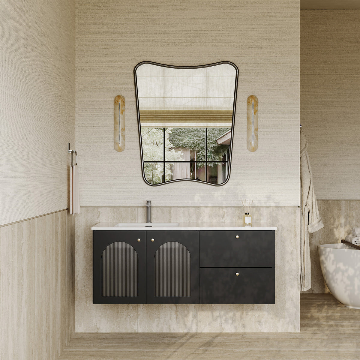 Eden matt black vanity unit with fluted glass doors and stone basin 1200mm