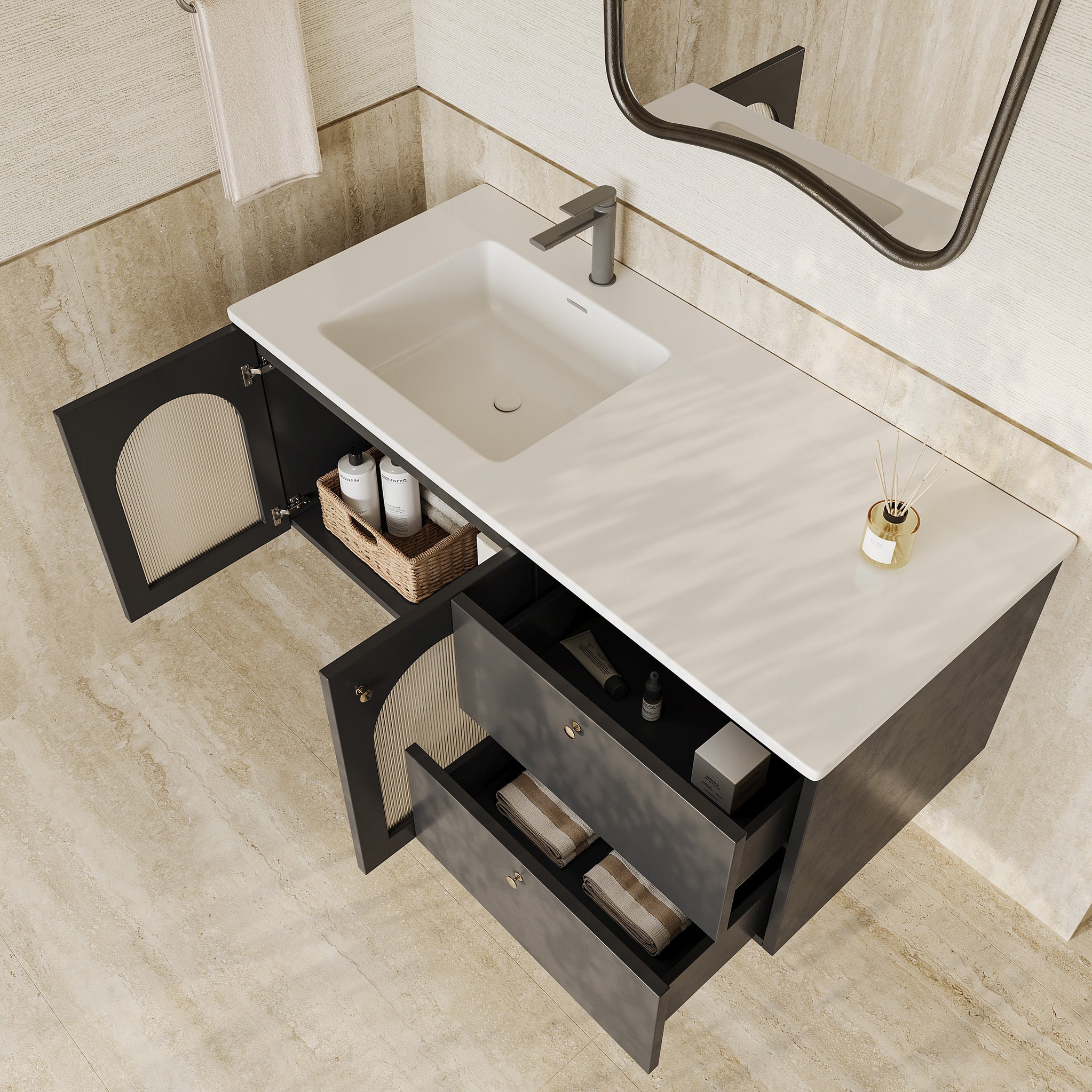 Eden matt black vanity unit with fluted glass doors and stone basin 1200mm