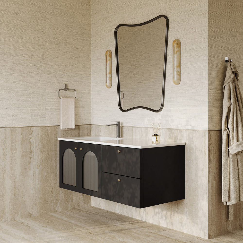 Eden matt black vanity unit with fluted glass doors and stone basin 1200mm