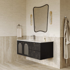 Eden matt black vanity unit with fluted glass doors and stone basin 1200mm