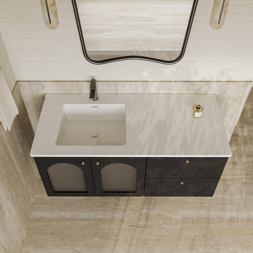 Eden matt black vanity unit with fluted glass doors and stone basin 1200mm