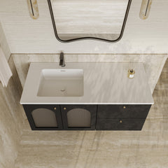 Eden matt black vanity unit with fluted glass doors and stone basin 1200mm