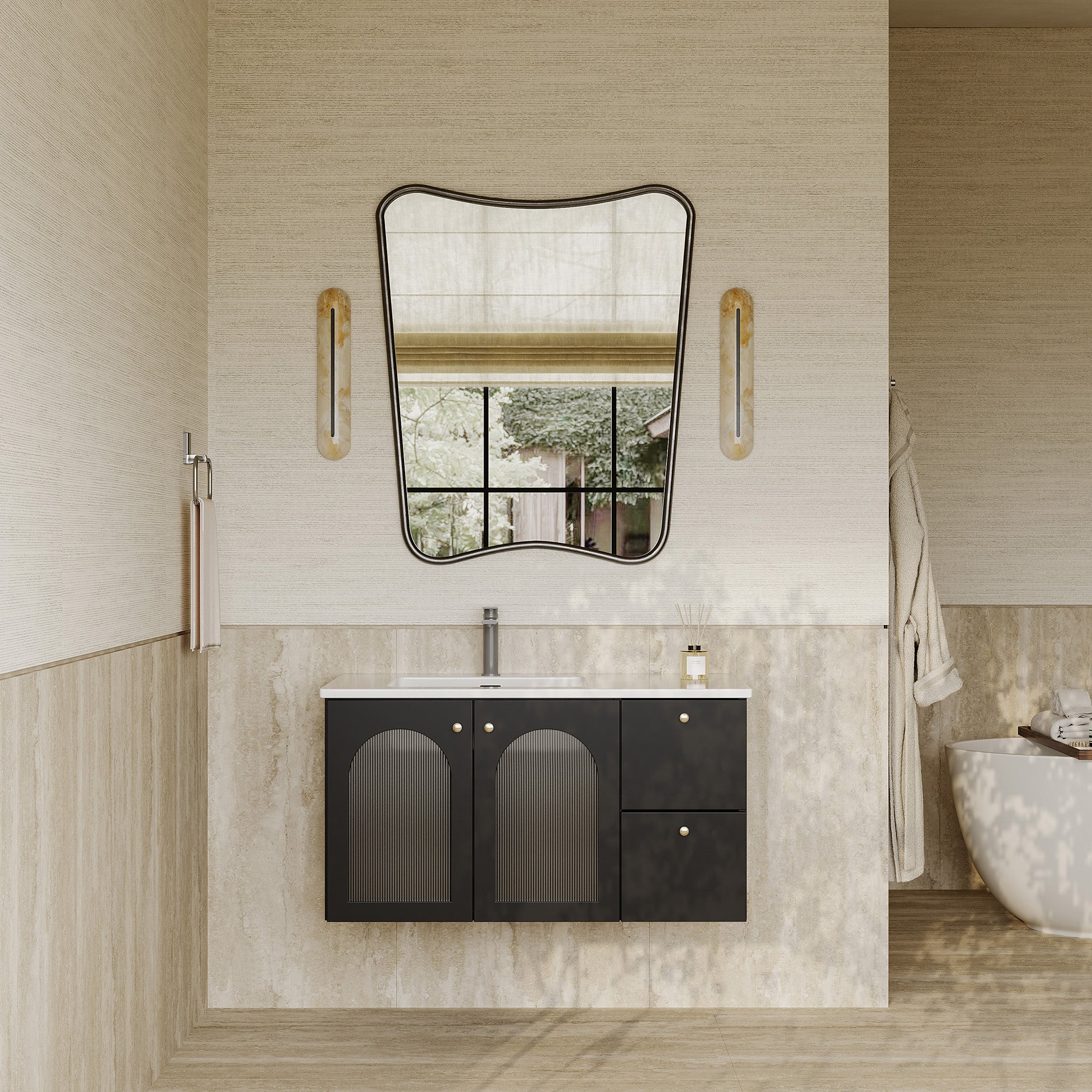 Eden matt black vanity unit with fluted glass doors and stone basin 900mm