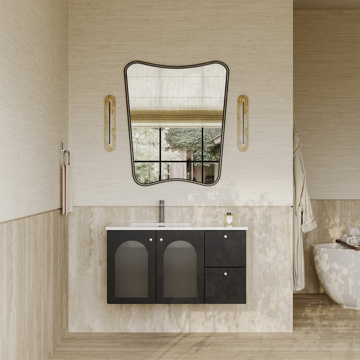 Eden matt black vanity unit with fluted glass doors and stone basin 900mm