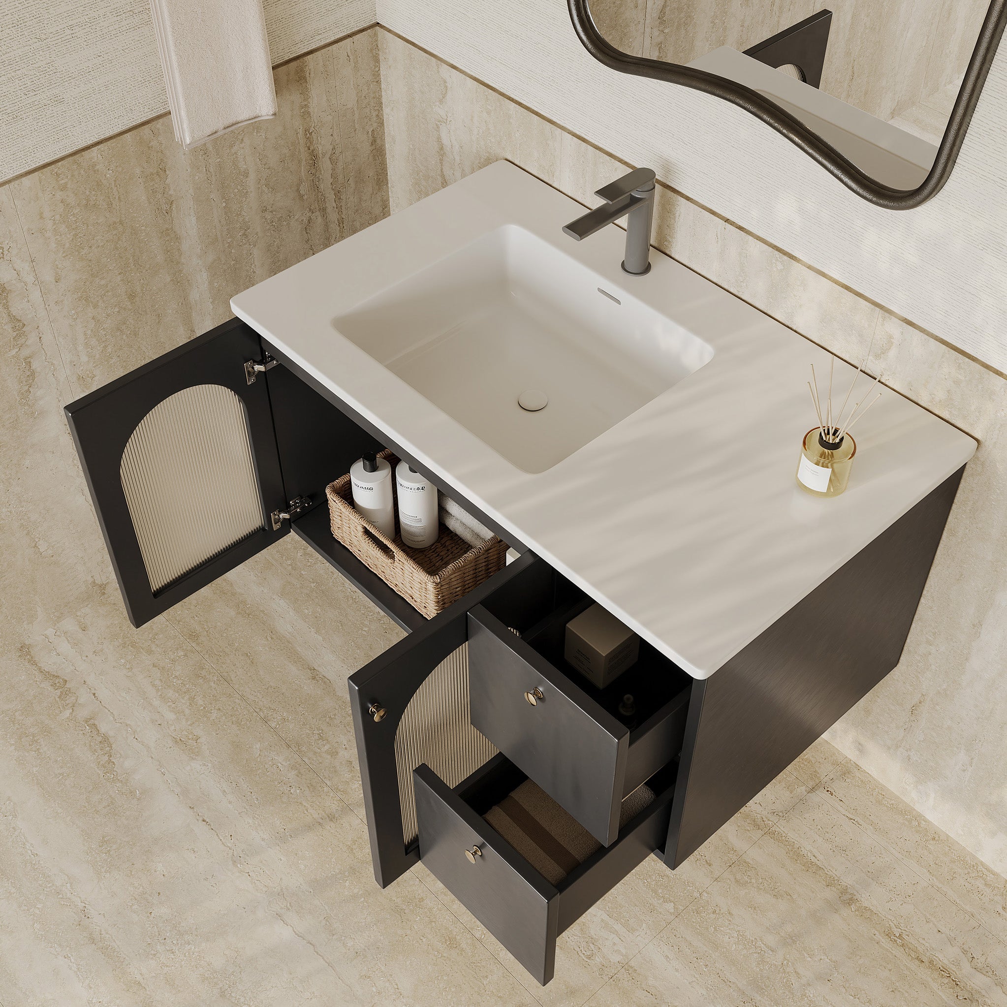 Eden matt black vanity unit with fluted glass doors and stone basin 900mm