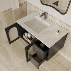 Eden matt black vanity unit with fluted glass doors and stone basin 900mm