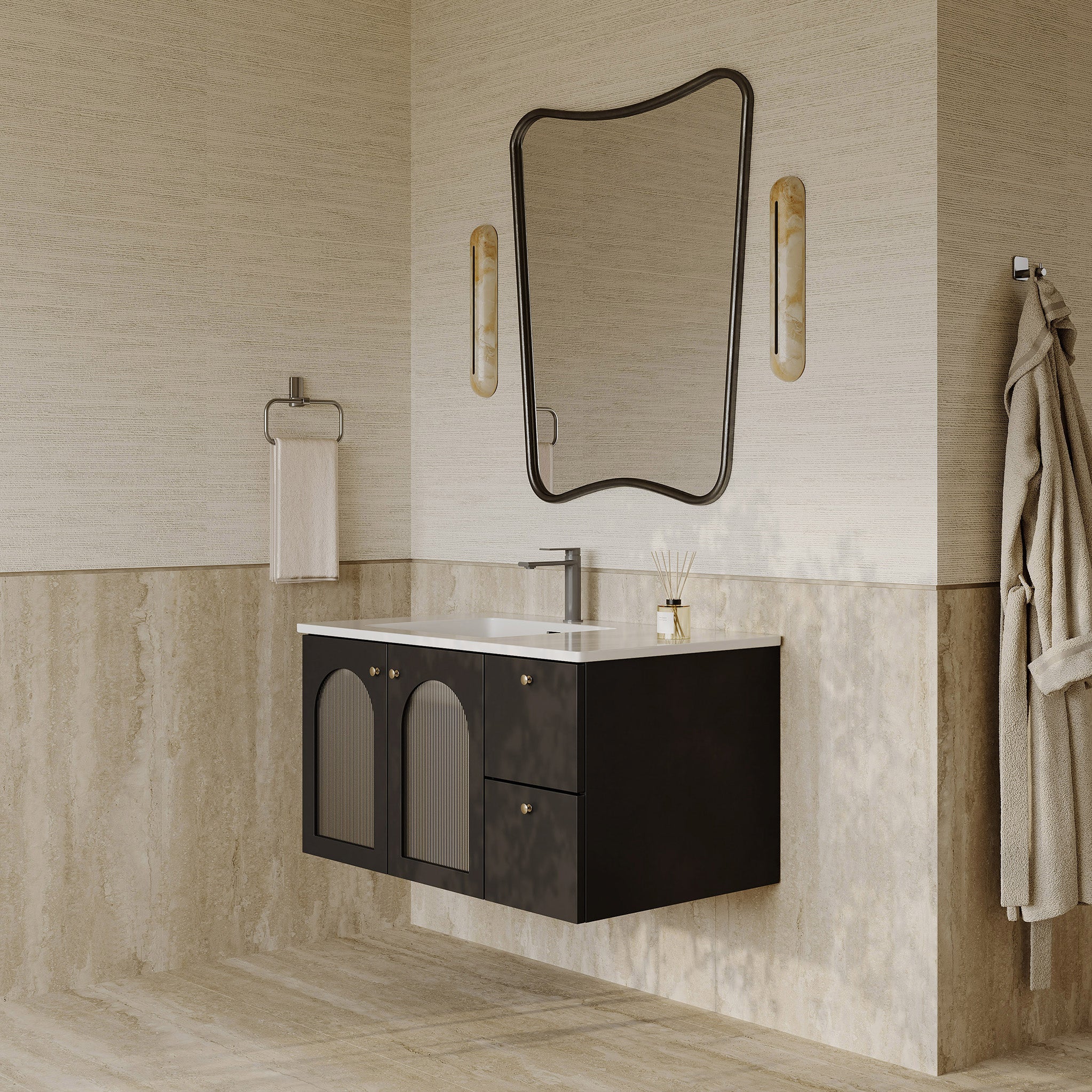 Eden matt black vanity unit with fluted glass doors and stone basin 900mm
