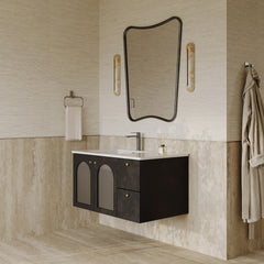 Eden matt black vanity unit with fluted glass doors and stone basin 900mm