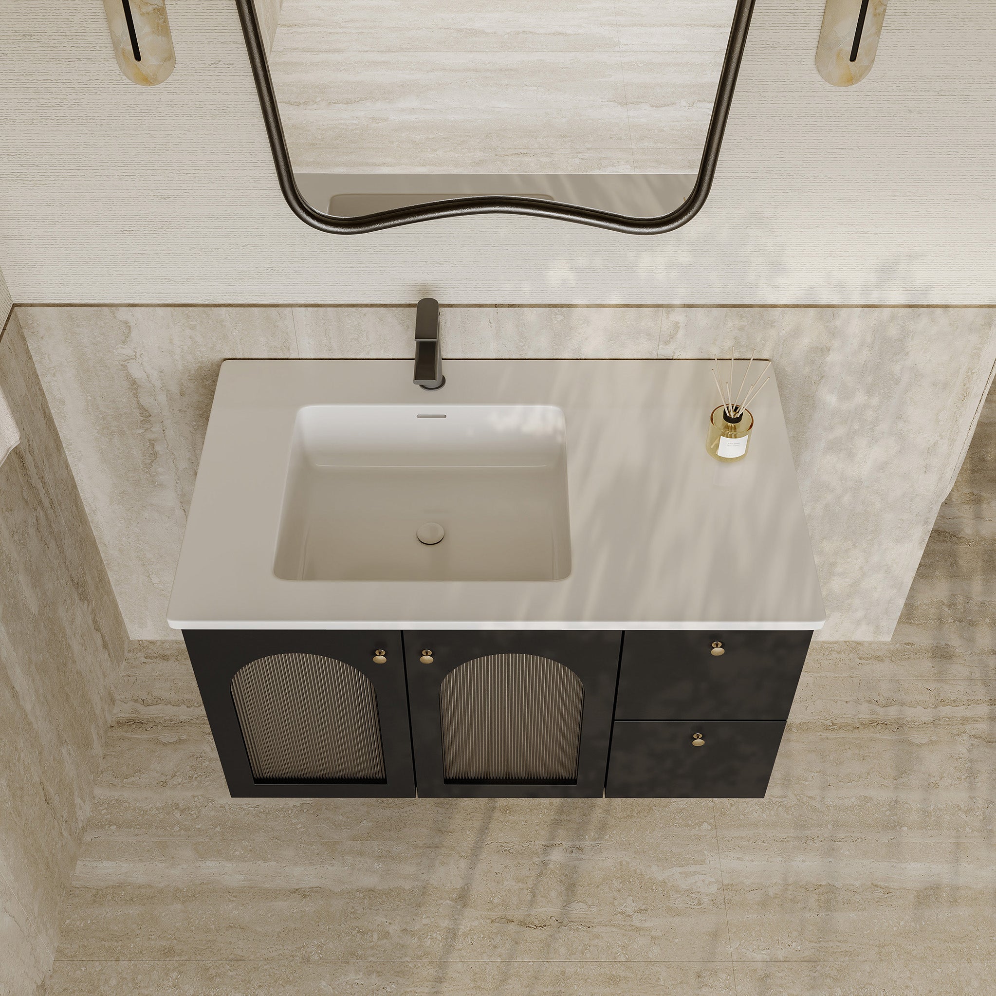Eden matt black vanity unit with fluted glass doors and stone basin 900mm