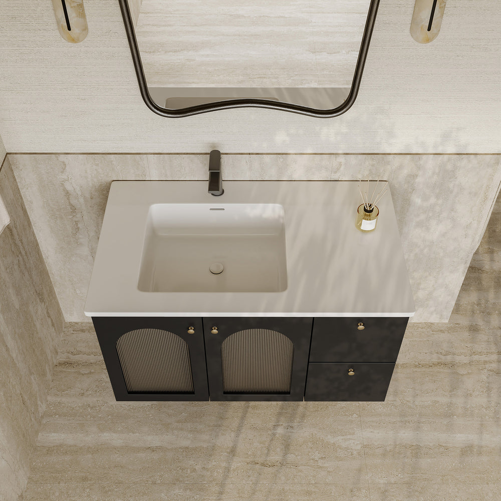 Eden matt black vanity unit with fluted glass doors and stone basin 900mm