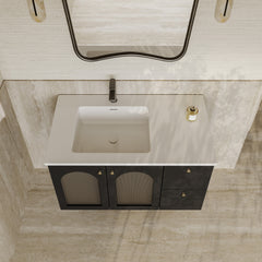 Eden matt black vanity unit with fluted glass doors and stone basin 900mm