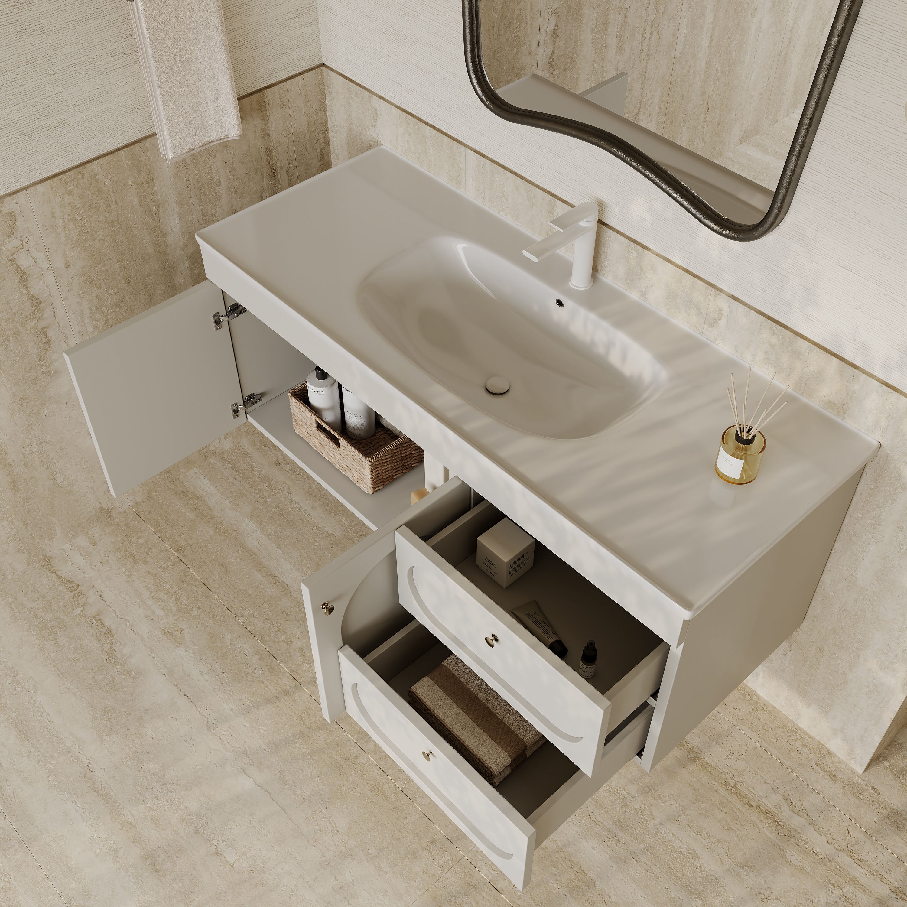 Jolene matt white vanity unit with ceramic basin and storage drawers 1200mm