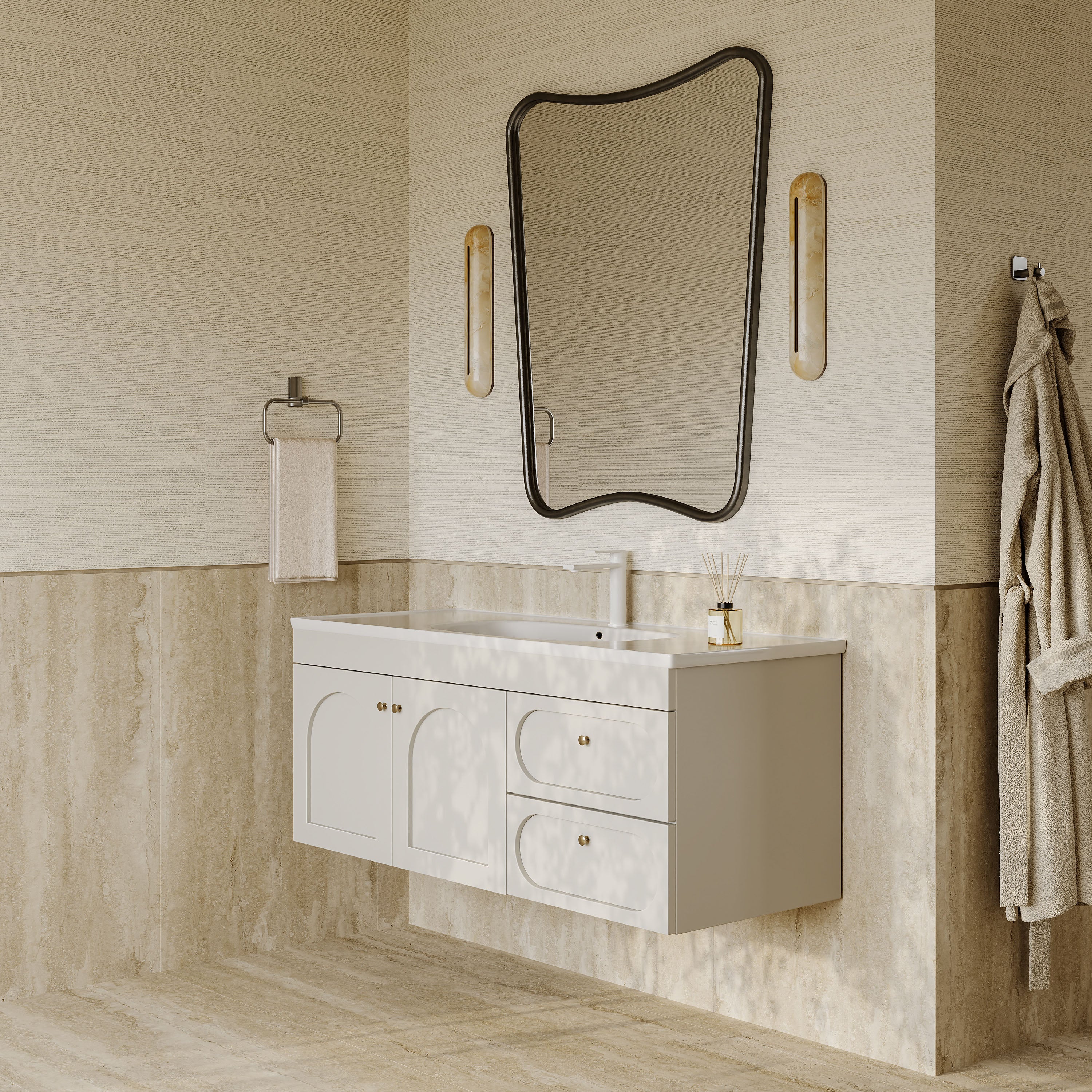 Jolene matt white vanity unit with ceramic basin and storage drawers 1200mm