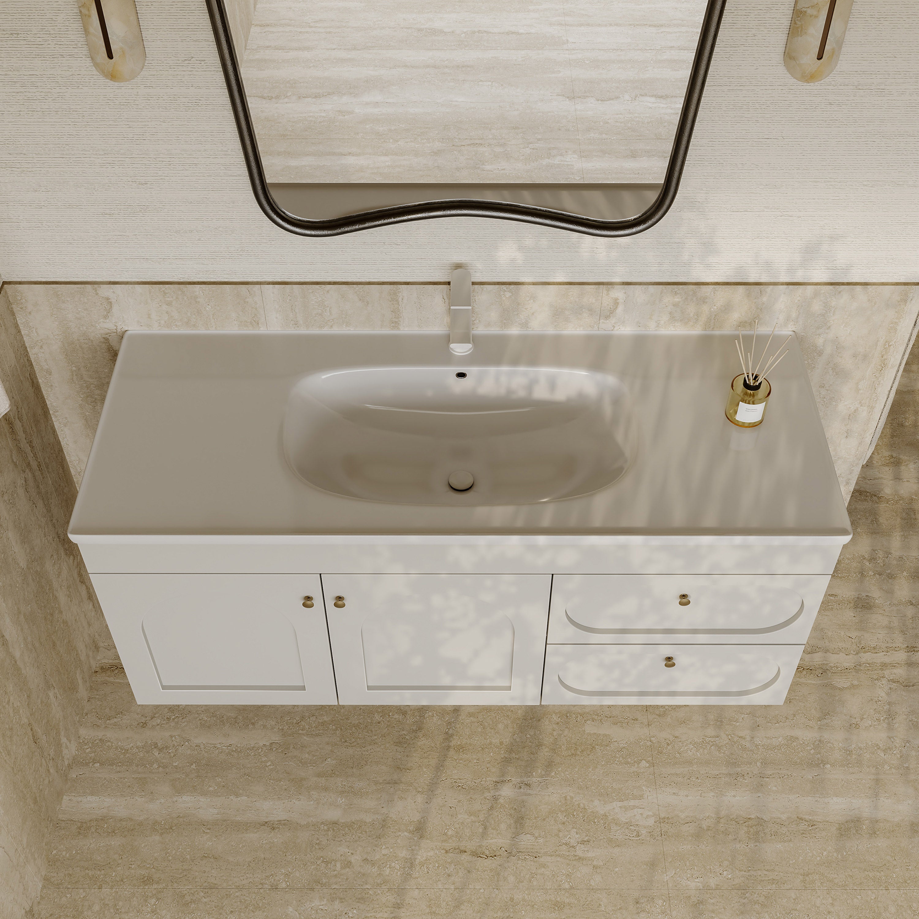Jolene matt white vanity unit with ceramic basin and storage drawers 1200mm