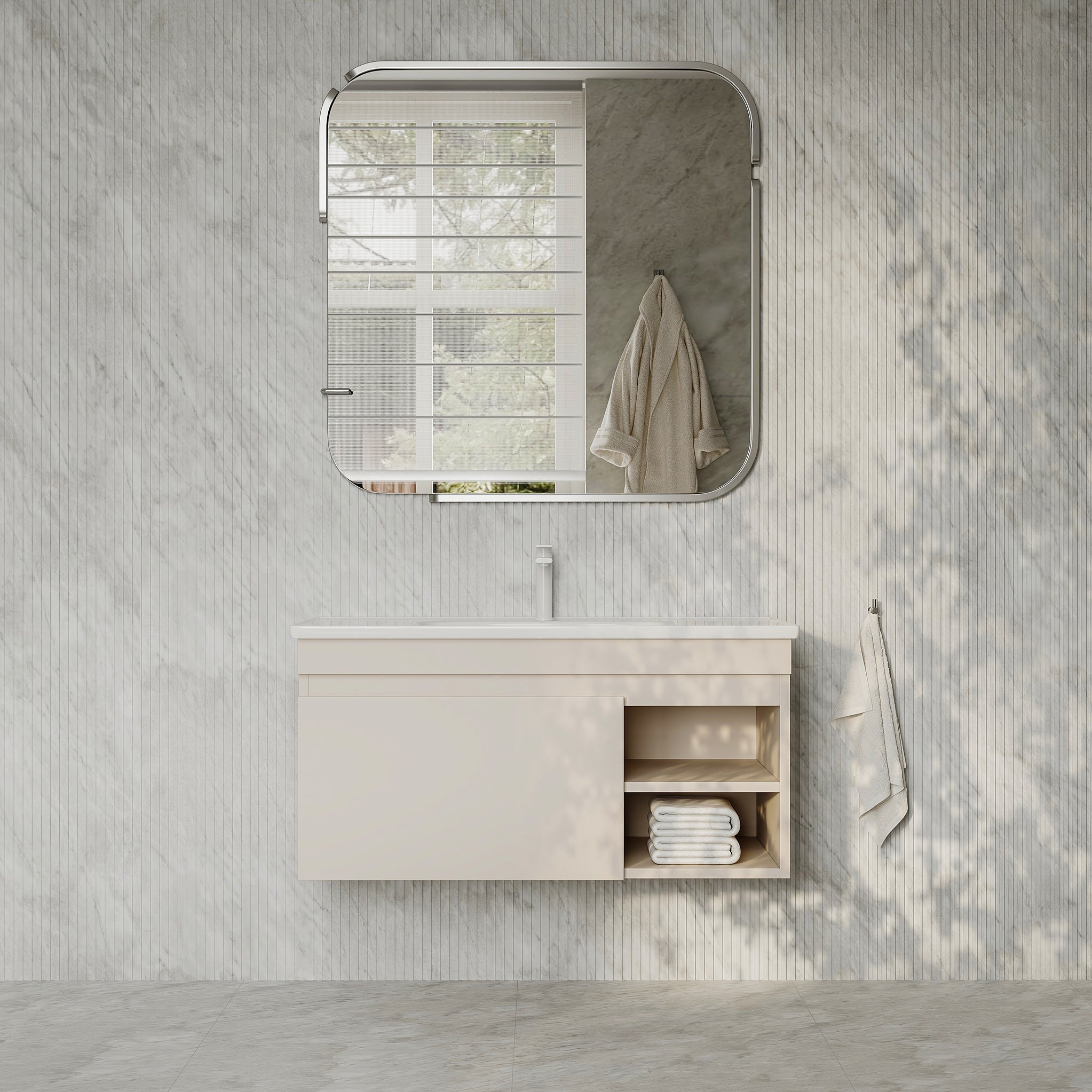 Sicilia Matt Warm White 1000mm Bathroom Vanity Unit with Ceramic Basin, drawer and open shelf