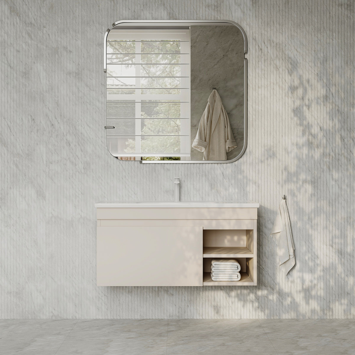 Sicilia Matt Warm White 1000mm Bathroom Vanity Unit with Ceramic Basin, drawer and open shelf