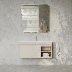 Sicilia Matt Warm White 1000mm Bathroom Vanity Unit with Ceramic Basin, drawer and open shelf