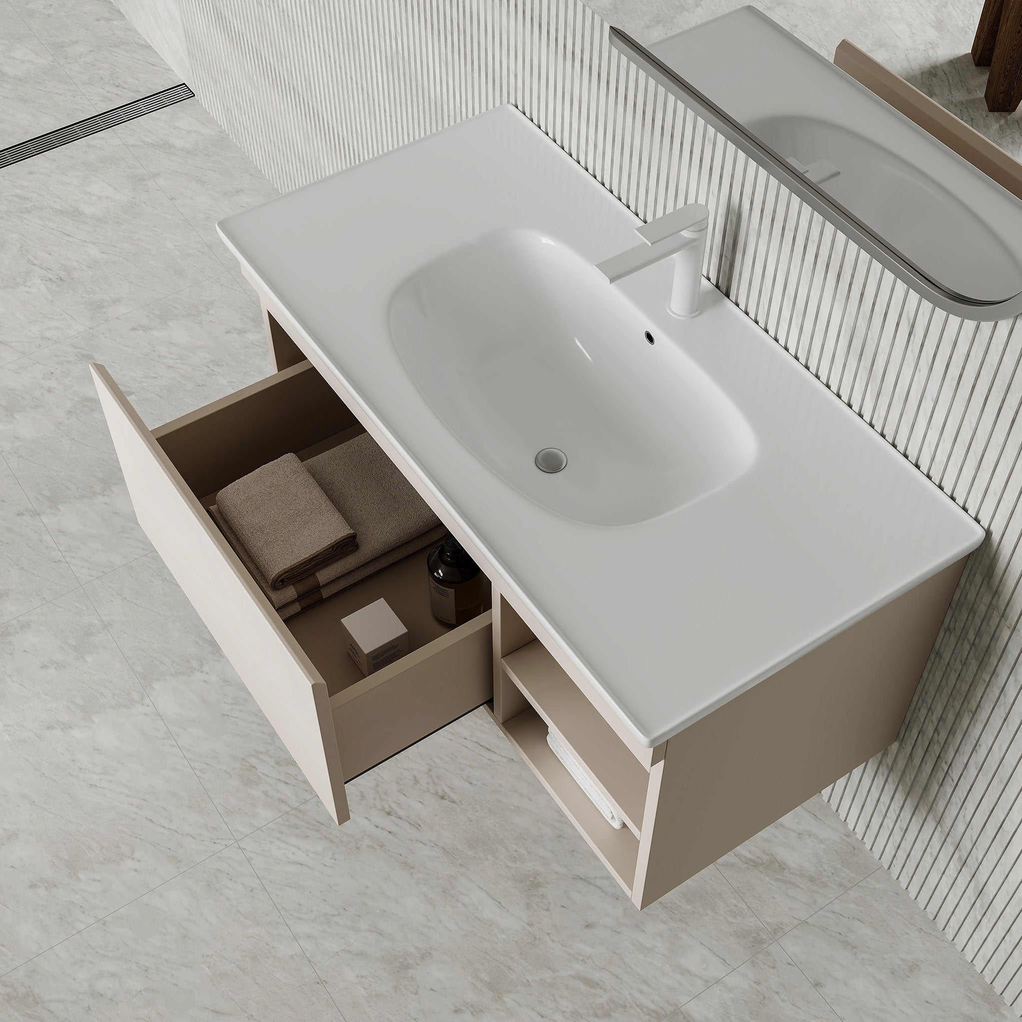 Sicilia Matt Warm White 1000mm Bathroom Vanity Unit with Ceramic Basin, drawer and open shelf