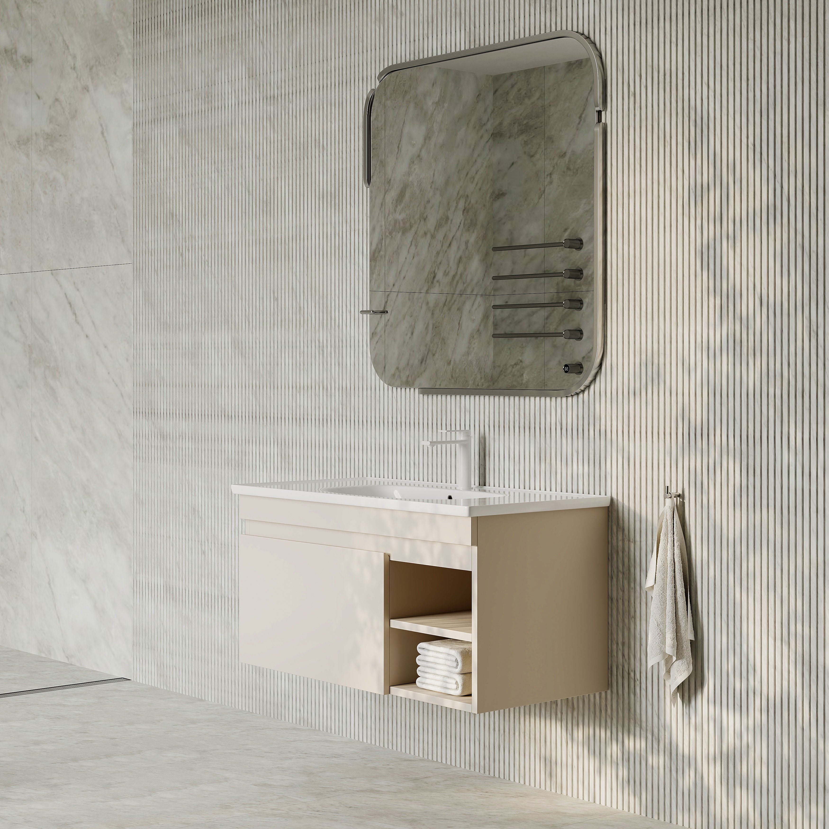 Sicilia Matt Warm White 1000mm Bathroom Vanity Unit with Ceramic Basin, drawer and open shelf
