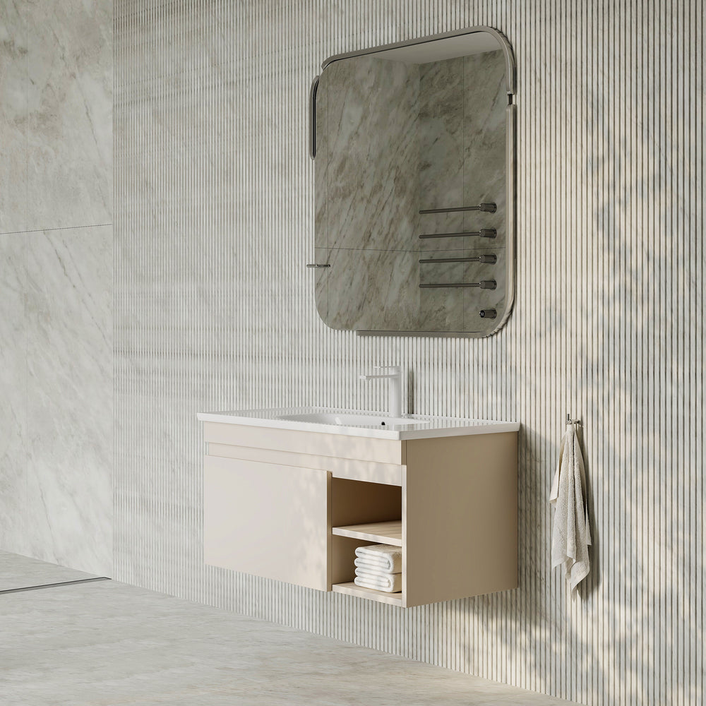 Sicilia Matt Warm White 1000mm Bathroom Vanity Unit with Ceramic Basin, drawer and open shelf