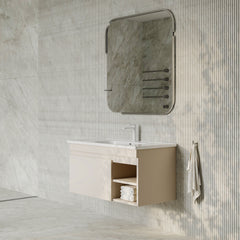 Sicilia Matt Warm White 1000mm Bathroom Vanity Unit with Ceramic Basin, drawer and open shelf